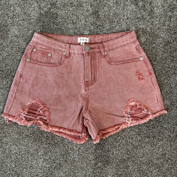 POL NWOT Women's Size Medium Thrashed Raw Hem Deep Rose High Waist Shorts Anthro - Picture 1 of 10